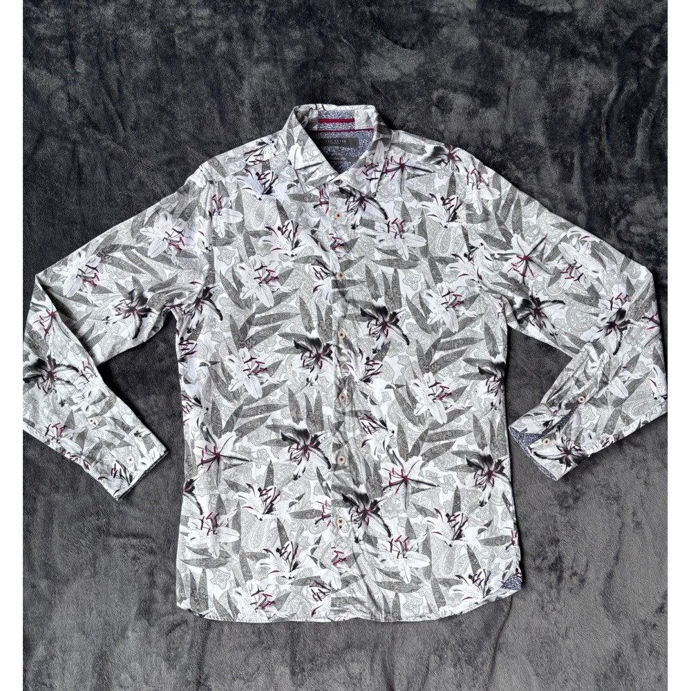Ted Baker London Mens Modern Fit Floral Paisley Button Down Shirt Grey 15.5